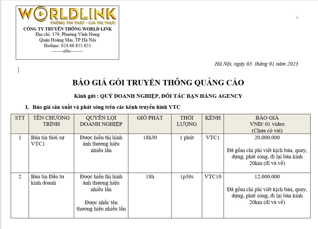báo giá quảng cáo truyền hình VTC
