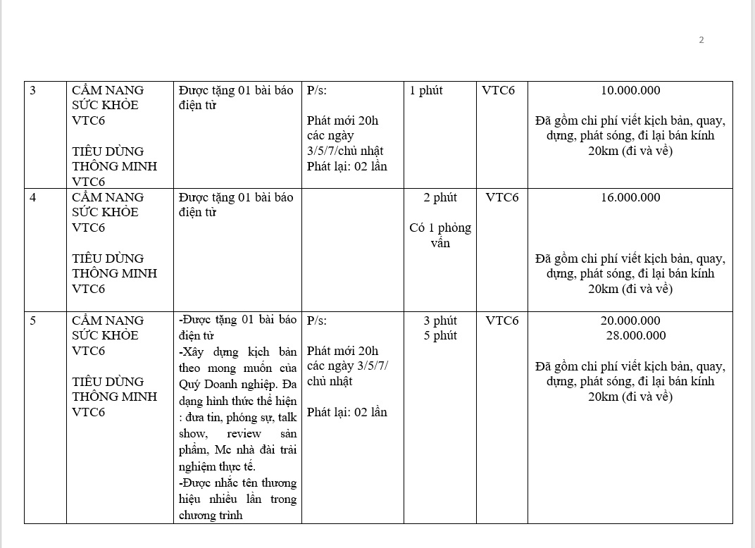 báo giá quảng cáo truyền hình VTC
