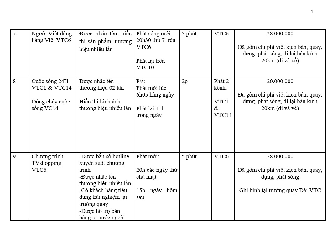báo giá quảng cáo truyền hình VTC