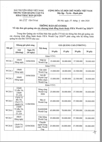 Báo giá quảng cáo VTV World Cup 2026 Tvad có chiết khấu
