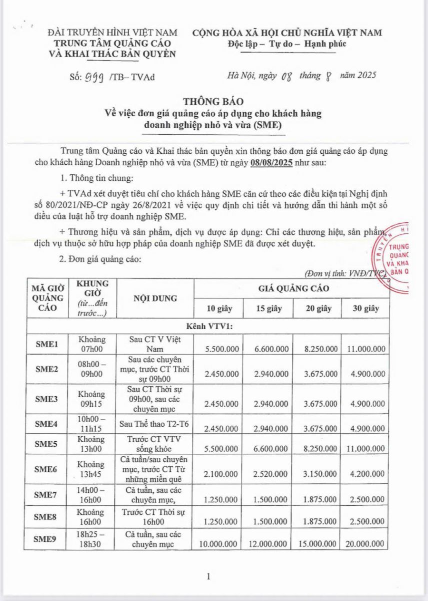 Báo giá quảng cáo VTV SME