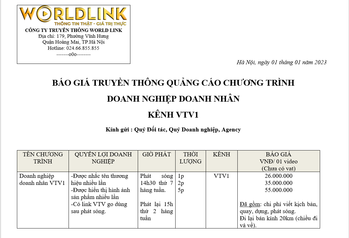 báo giá chương trình doanh nghiệp doanh nhân vtv1