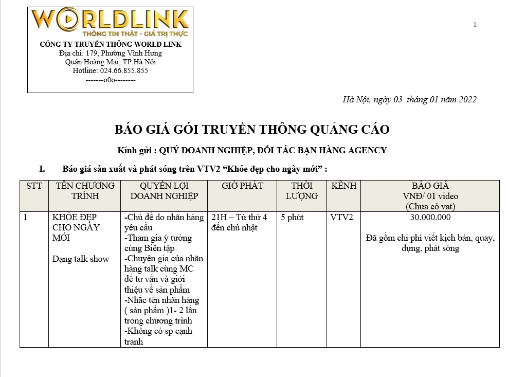 Báo giá quảng cáo vtv2 khỏe đẹp chào ngày mới