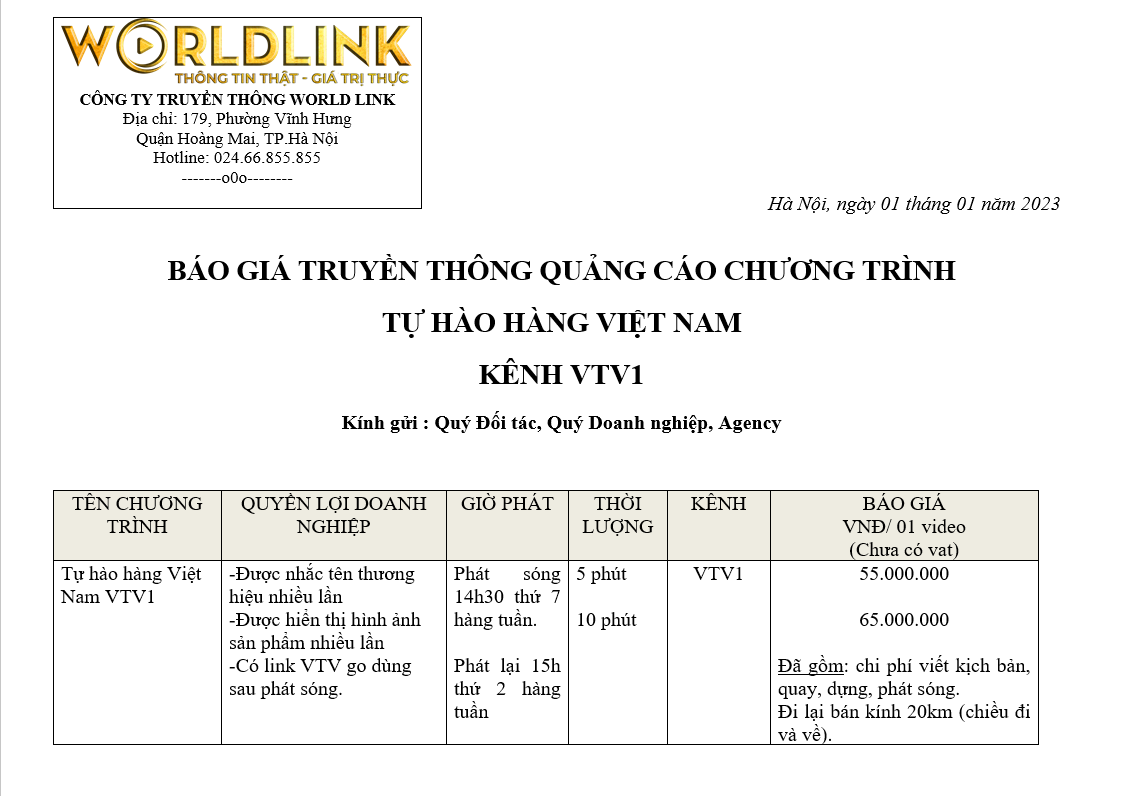 báo giá quảng cáo truyền hình vtv1 tự hào hàng việt nam