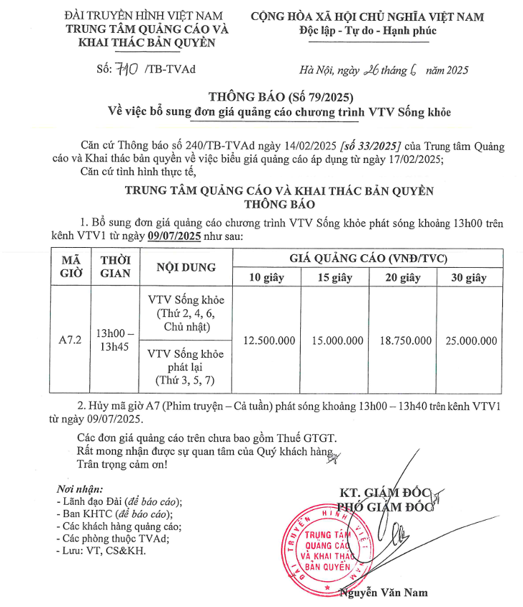 Báo giá chương trình VTV Sống Khoẻ