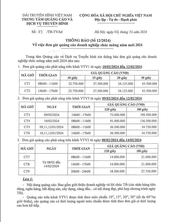 Báo giá doanh nghiệp chúc xuân trên VTV năm 2024