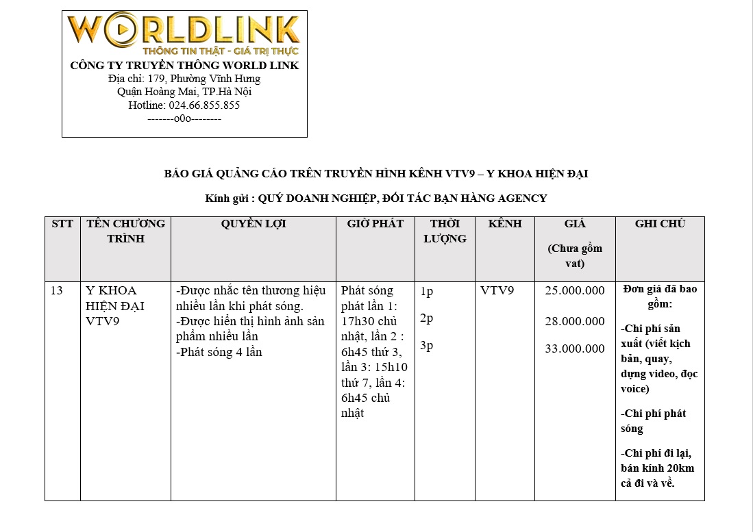 báo giá quảng cáo truyền hình vtv9 