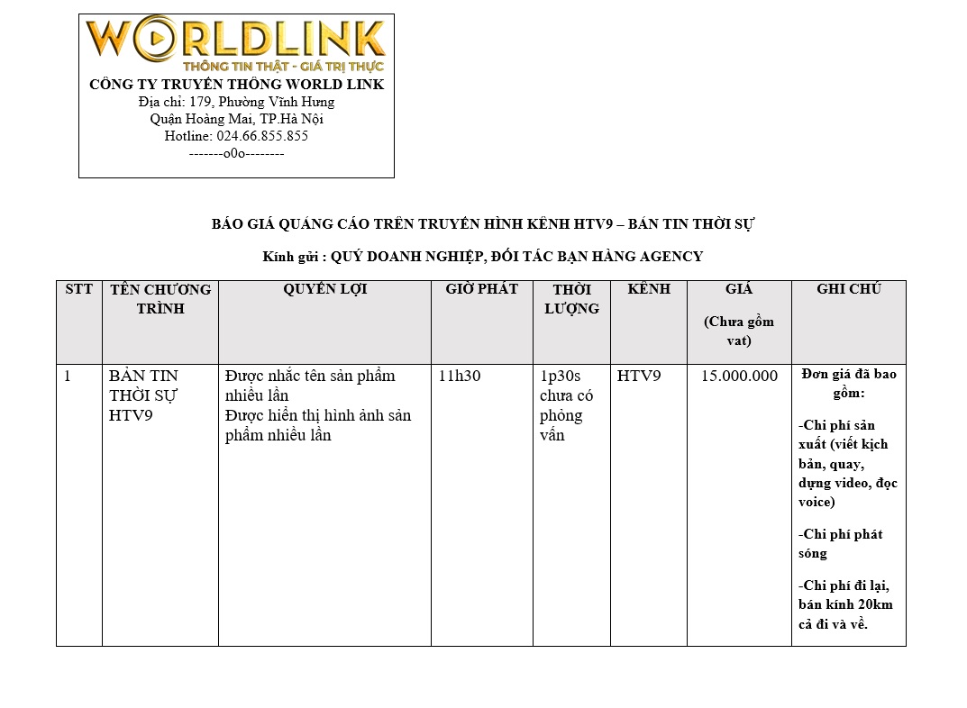 báo giá quảng cáo truyền hình htv9 bản tin thời sự
