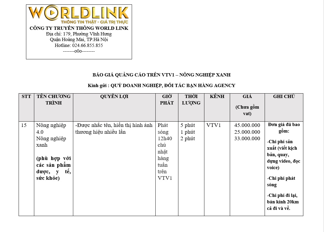 báo giá quảng cáo truyền hình vtv1 nông nghiệp xanh