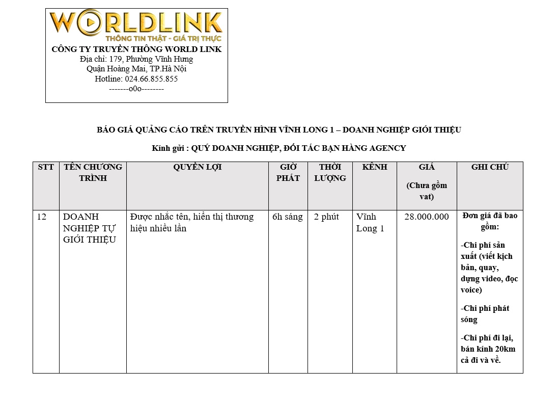 báo giá quảng cáo truyền hình Vĩnh Long 1