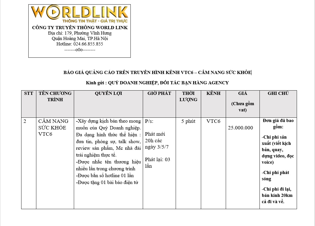 báo giá quảng cáo truyền hình vtc6 cẩm nang sức khỏe