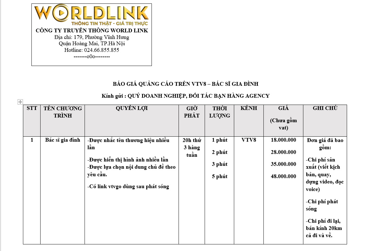 Báo giá quảng cáo truyền hình VTV8 bác sĩ gia đình