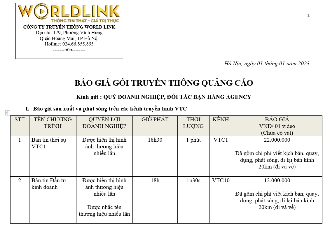bÁO GIÁ QUẢNG CÁO TRUYỀN HÌNH VTC