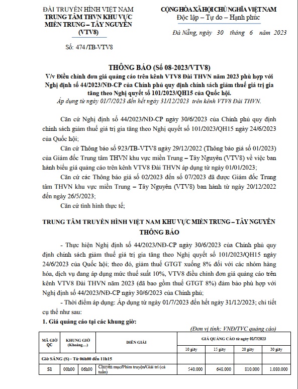 báo giá quảng cáo tvc trên vtv8