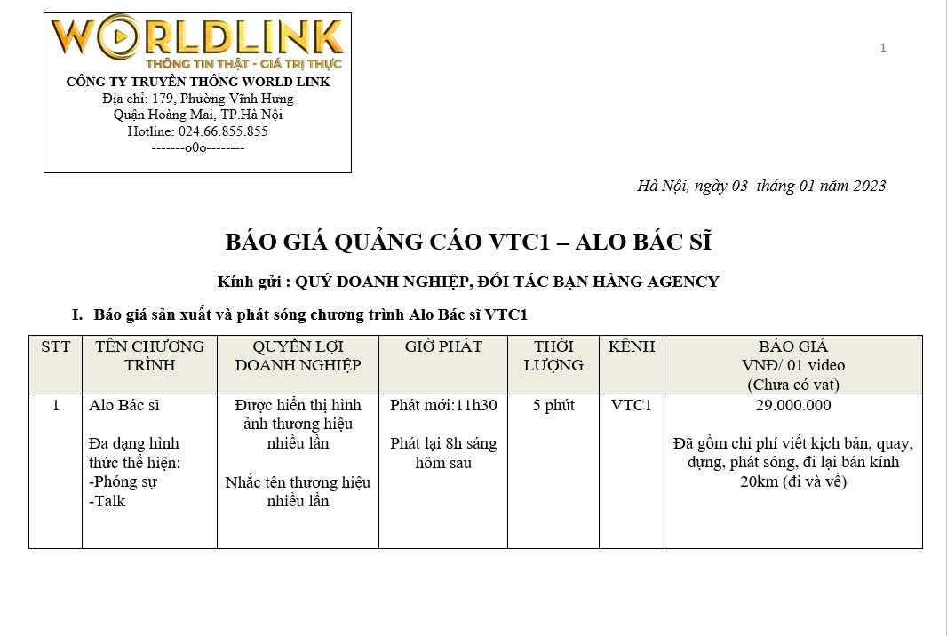 Báo giá quảng cáo truyền hình VTC1 alo bác sĩ